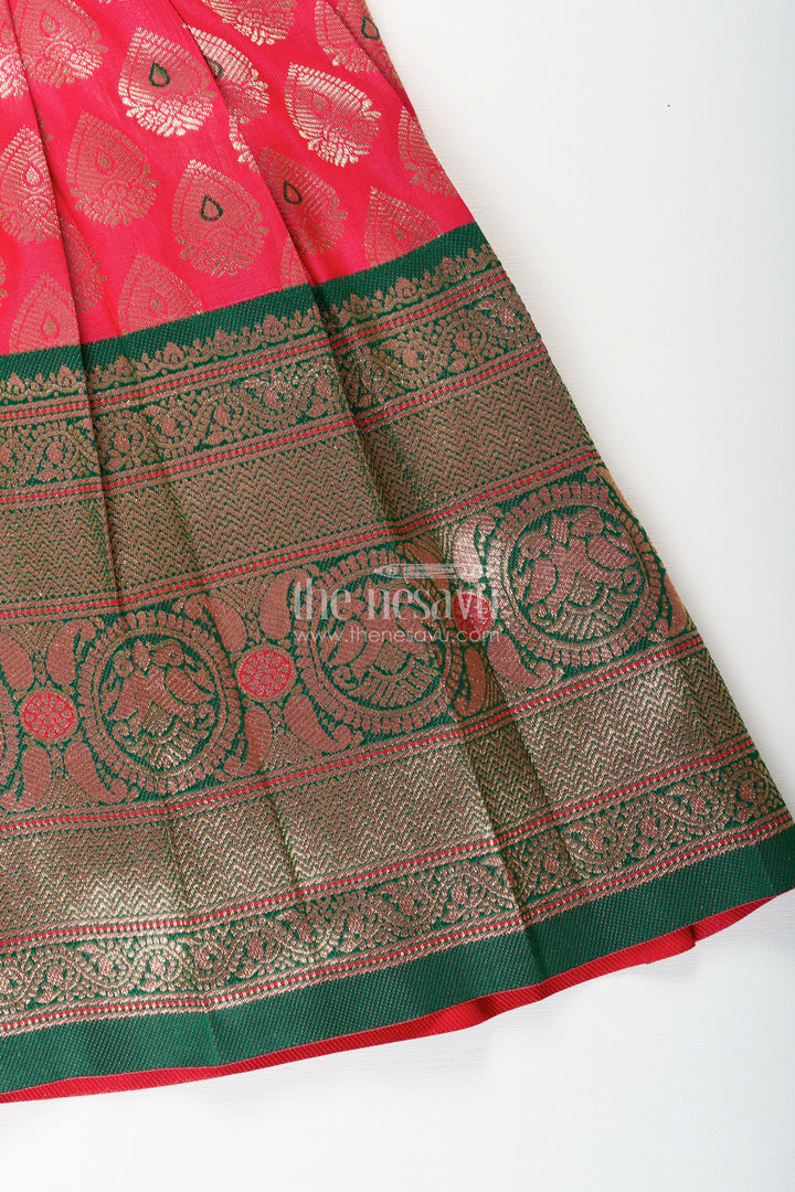 The Nesavu Tie-up Frock Semi Banaras Silk Tie-Up Frock for Baby Girl Green and Red Ethnic Dress Nesavu Nesavu semi Banaras silk frock for baby girl – red and green ethnic tie-up dress for celebrations