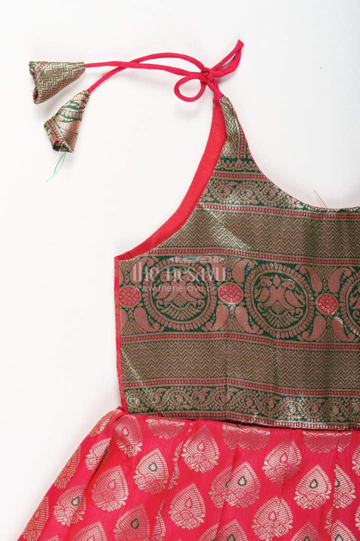 The Nesavu Tie-up Frock Semi Banaras Silk Tie-Up Frock for Baby Girl Green and Red Ethnic Dress Nesavu Nesavu semi Banaras silk frock for baby girl – red and green ethnic tie-up dress for celebrations