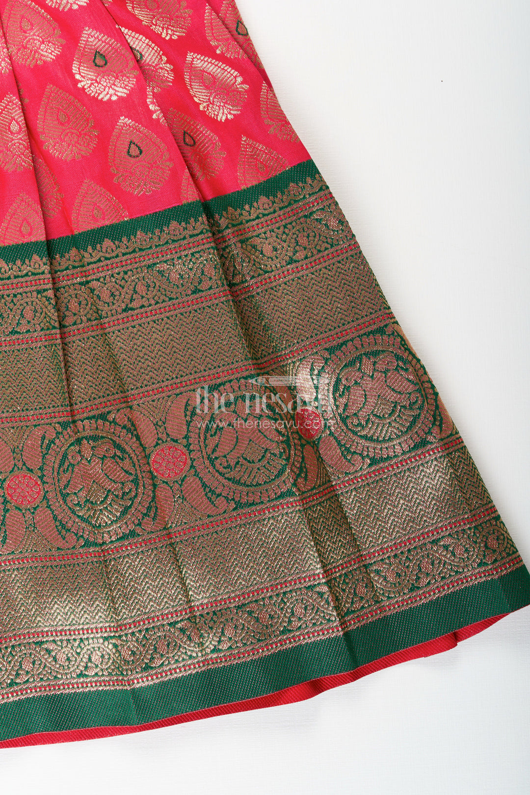 The Nesavu Tie-up Frock Semi Banaras Silk Tie-Up Frock for Baby Girl Green and Red Ethnic Dress Nesavu Nesavu semi Banaras silk frock for baby girl – red and green ethnic tie-up dress for celebrations