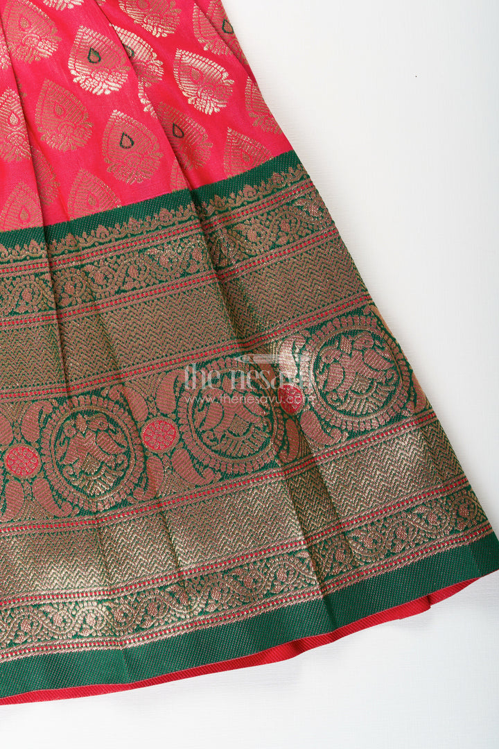 The Nesavu Tie-up Frock Semi Banaras Silk Tie-Up Frock for Baby Girl Green and Red Ethnic Dress Nesavu Nesavu semi Banaras silk frock for baby girl – red and green ethnic tie-up dress for celebrations