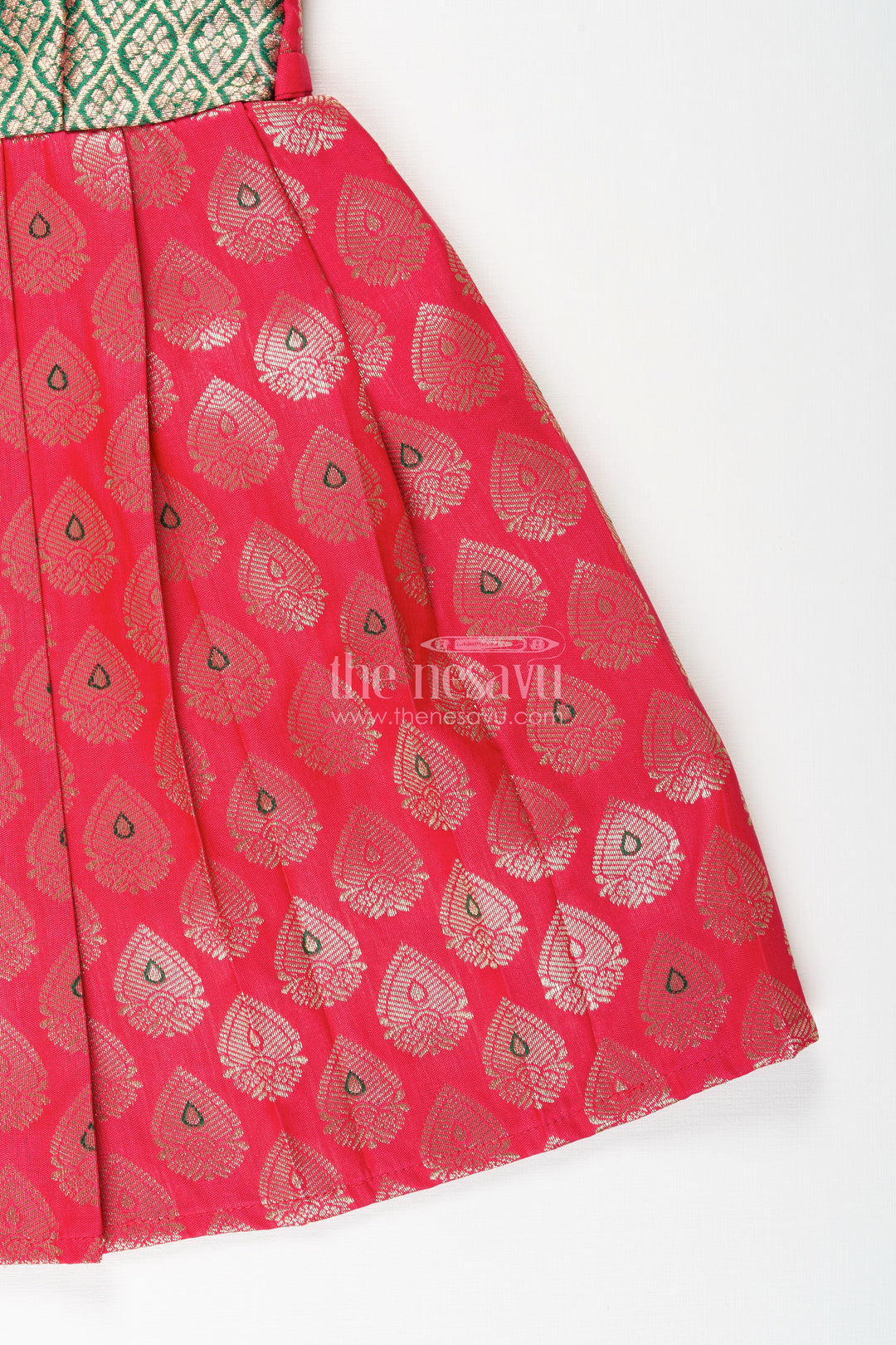 The Nesavu Tie-up Frock Semi Banaras Silk Tie-Up Frock for Baby Girl Green and Red Ethnic Dress Nesavu Nesavu semi Banaras silk frock for baby girl – red and green ethnic tie-up dress for celebrations