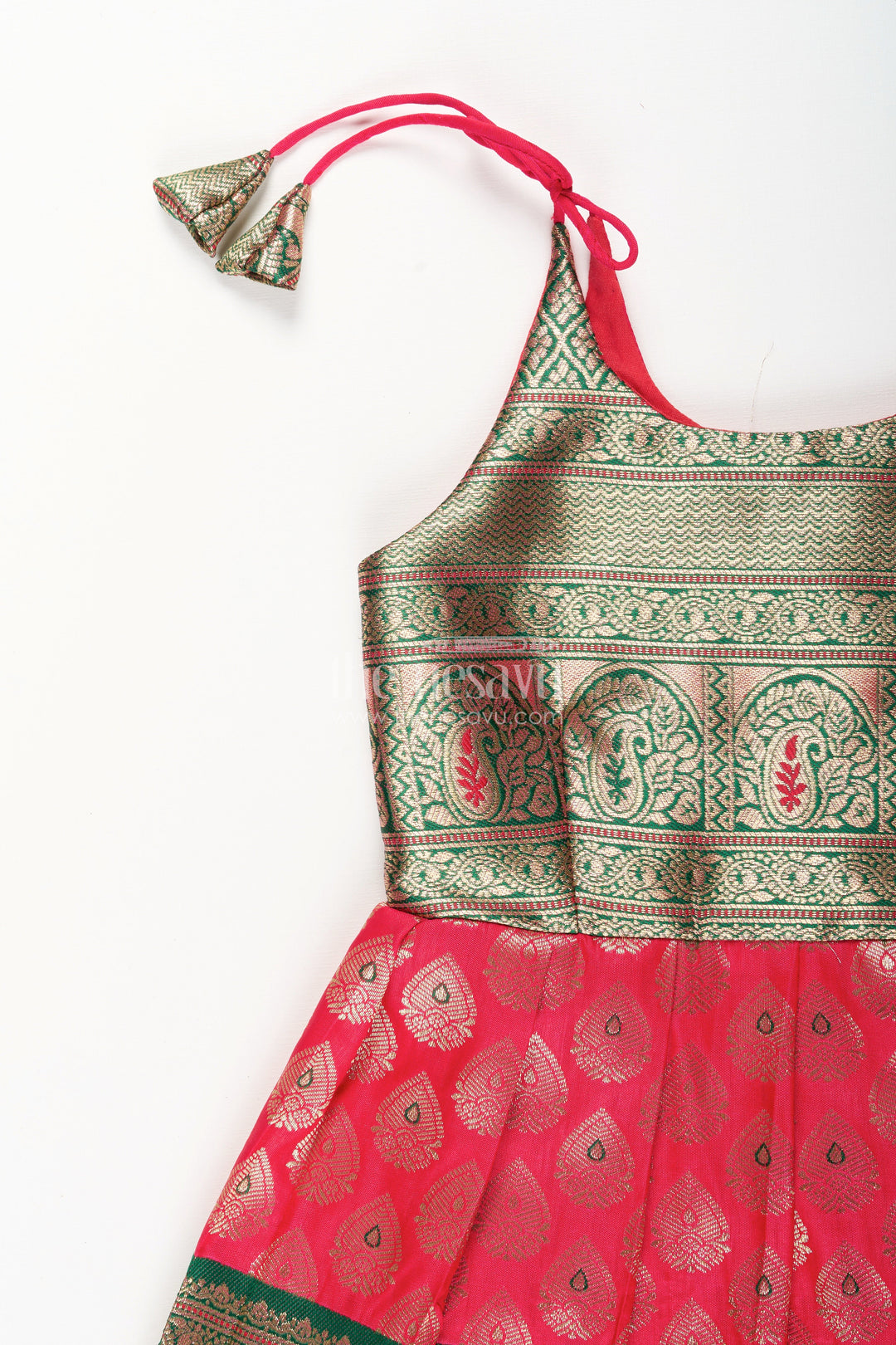 The Nesavu Tie-up Frock Semi Banaras Silk Tie-Up Frock for Baby Girl Green and Red Ethnic Dress Nesavu Nesavu semi Banaras silk frock for baby girl – red and green ethnic tie-up dress for celebrations