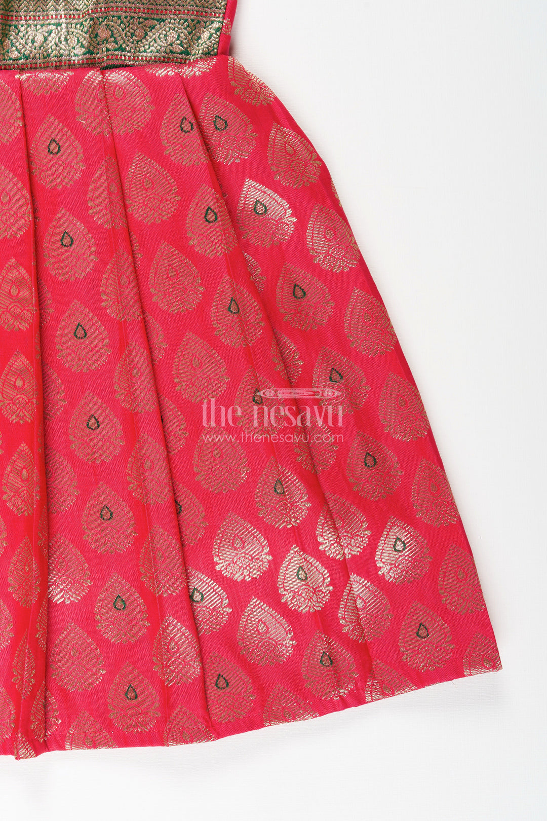 The Nesavu Tie-up Frock Semi Banaras Silk Tie-Up Frock for Baby Girl Green and Red Ethnic Dress Nesavu Nesavu semi Banaras silk frock for baby girl – red and green ethnic tie-up dress for celebrations