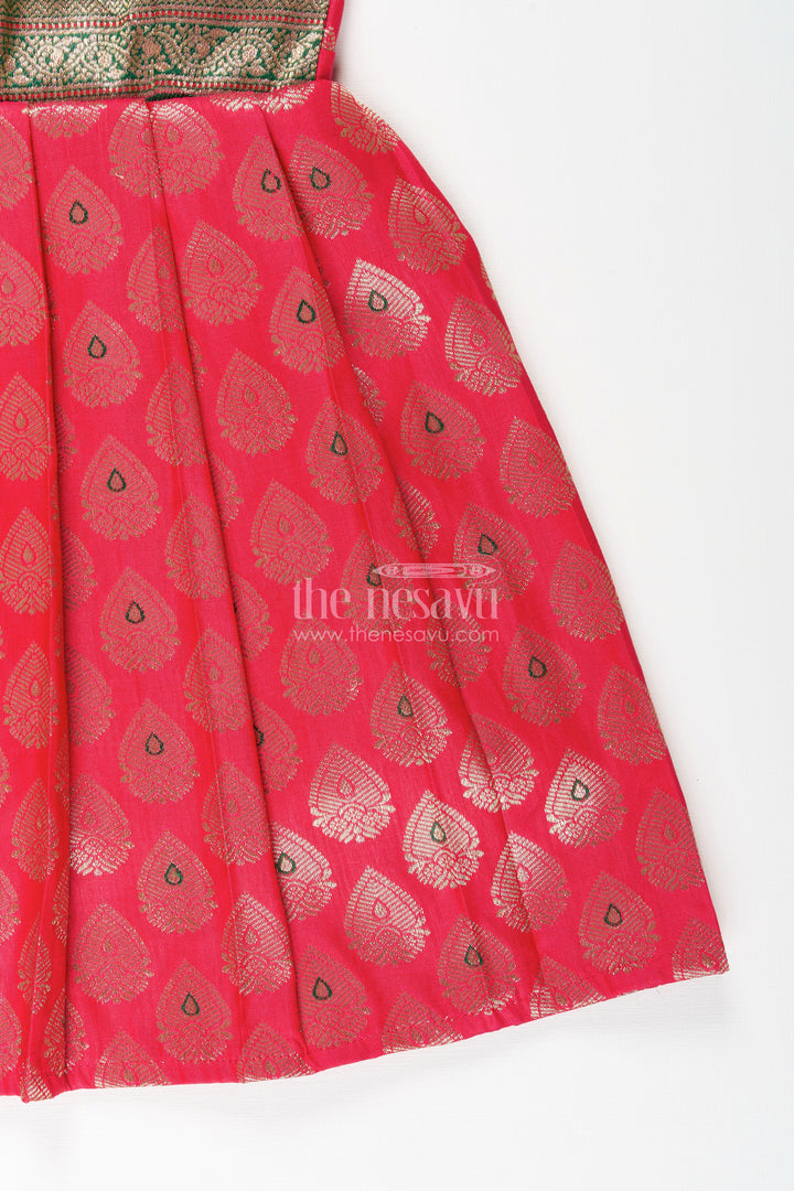 The Nesavu Tie-up Frock Semi Banaras Silk Tie-Up Frock for Baby Girl Green and Red Ethnic Dress Nesavu Nesavu semi Banaras silk frock for baby girl – red and green ethnic tie-up dress for celebrations