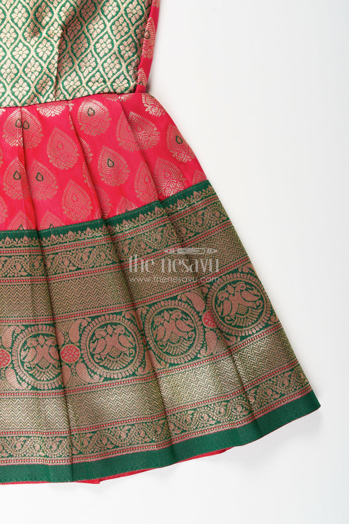 The Nesavu Tie-up Frock Semi Banaras Silk Tie-Up Frock for Baby Girl Green and Red Ethnic Dress Nesavu Nesavu semi Banaras silk frock for baby girl – red and green ethnic tie-up dress for celebrations