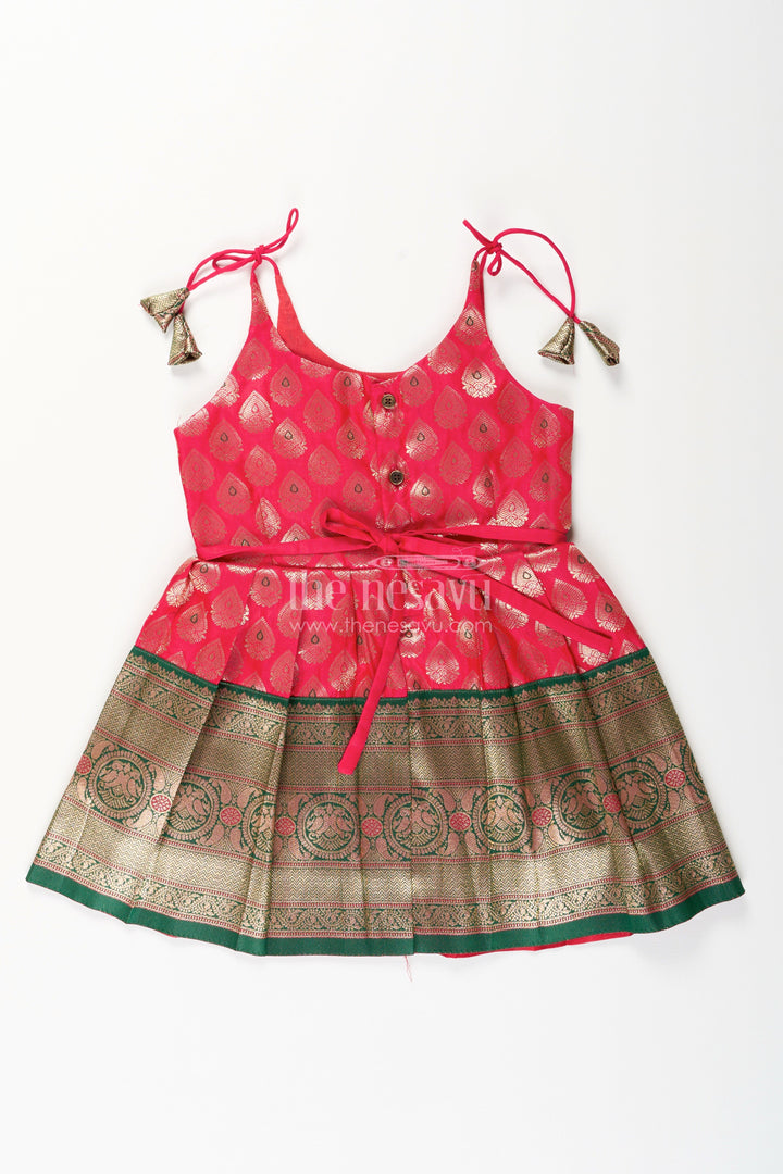 The Nesavu Tie-up Frock Semi Banaras Silk Tie-Up Frock for Baby Girl Green and Red Ethnic Dress Nesavu Nesavu semi Banaras silk frock for baby girl – red and green ethnic tie-up dress for celebrations