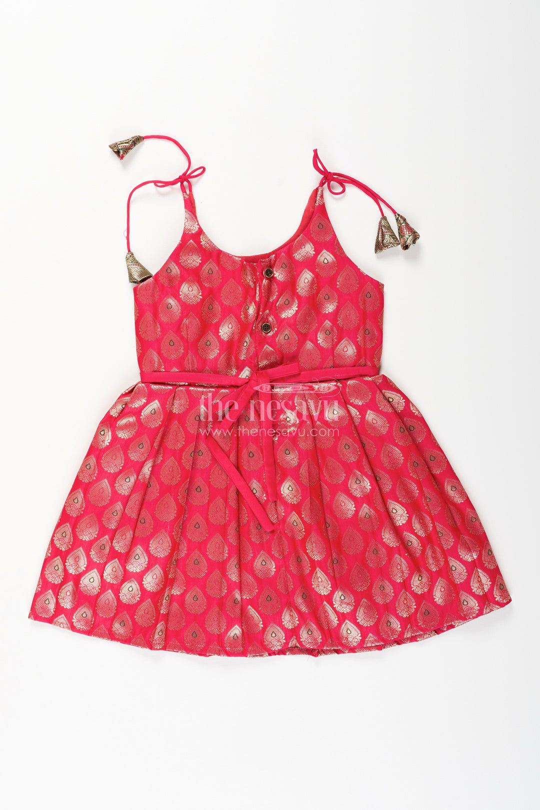 The Nesavu Tie-up Frock Semi Banaras Silk Tie-Up Frock for Baby Girl Green and Red Ethnic Dress Nesavu Nesavu semi Banaras silk frock for baby girl – red and green ethnic tie-up dress for celebrations