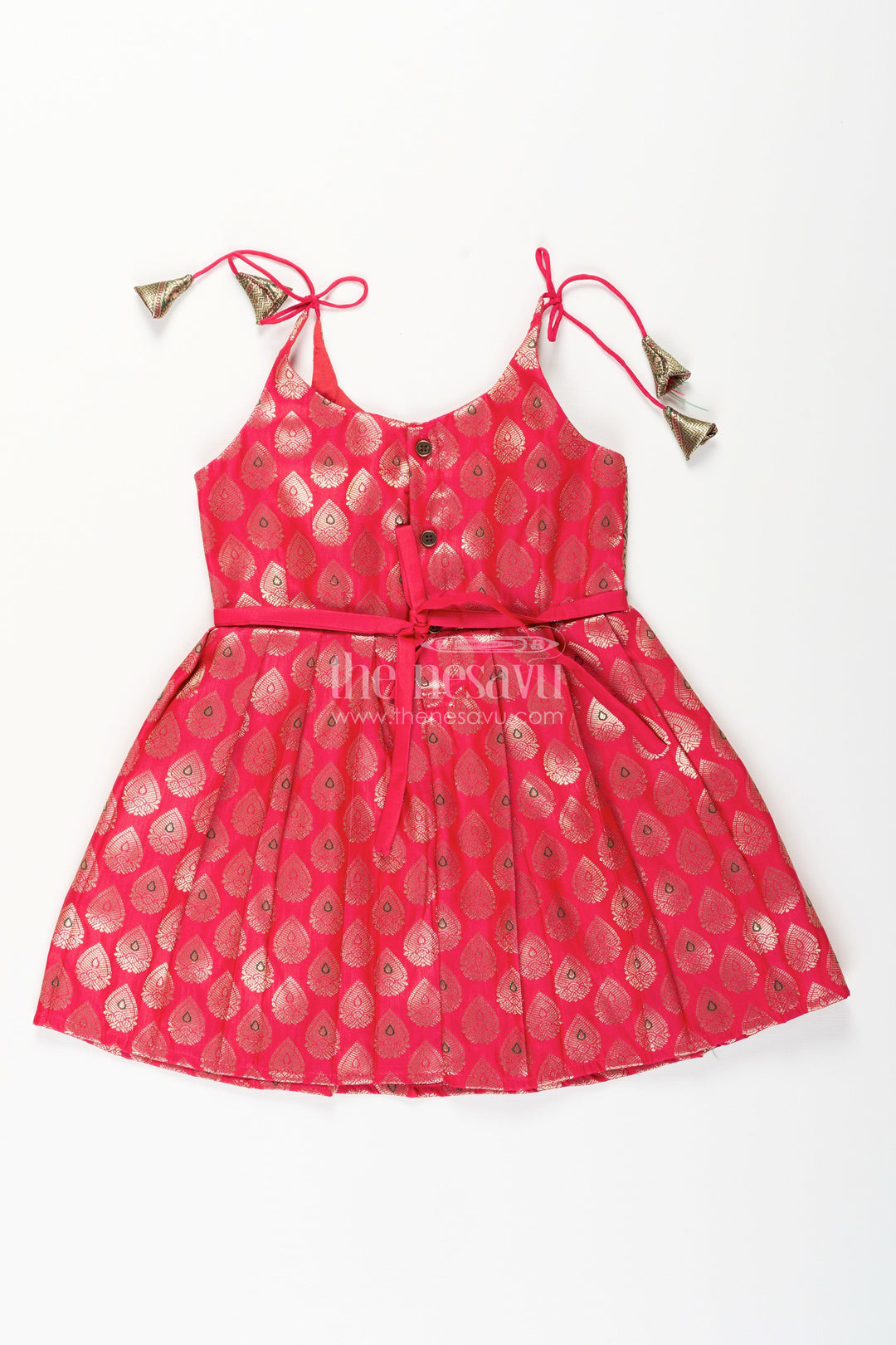 The Nesavu Tie-up Frock Semi Banaras Silk Tie-Up Frock for Baby Girl Green and Red Ethnic Dress Nesavu Nesavu semi Banaras silk frock for baby girl – red and green ethnic tie-up dress for celebrations