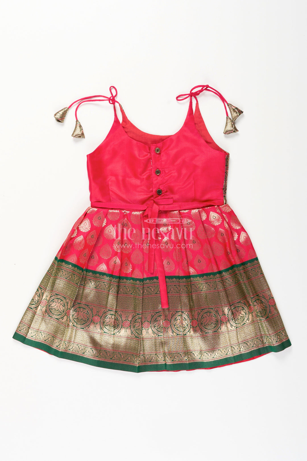 The Nesavu Tie-up Frock Semi Banaras Silk Tie-Up Frock for Baby Girl Green and Red Ethnic Dress Nesavu Nesavu semi Banaras silk frock for baby girl – red and green ethnic tie-up dress for celebrations