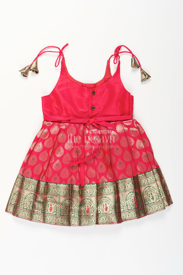 The Nesavu Tie-up Frock Semi Banaras Silk Tie-Up Frock for Baby Girl Green and Red Ethnic Dress Nesavu Nesavu semi Banaras silk frock for baby girl – red and green ethnic tie-up dress for celebrations
