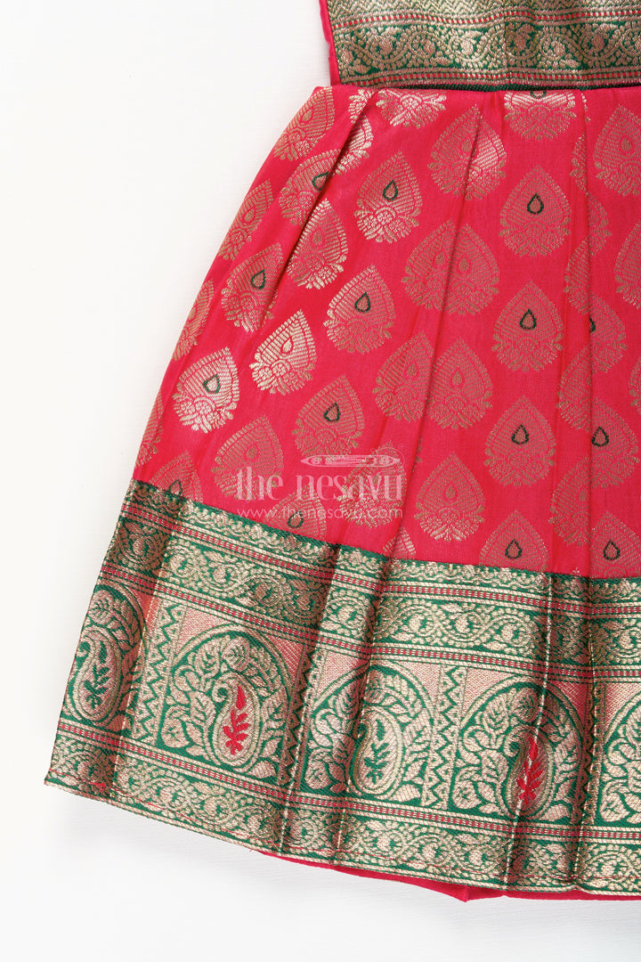 The Nesavu Tie-up Frock Semi Banaras Silk Tie-Up Frock for Baby Girl Green and Red Ethnic Dress Nesavu Nesavu semi Banaras silk frock for baby girl – red and green ethnic tie-up dress for celebrations