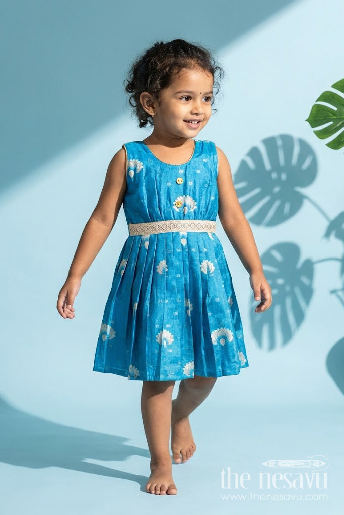 The Nesavu Silk Frock Semi Banarasi Art Silk Frock for Girls with Traditional Motifs Festive-Ready Nesavu 18 (2Y) / Blue SF1064A-18 Girls semi banarasi silk frock digital print  ethnic wear kids