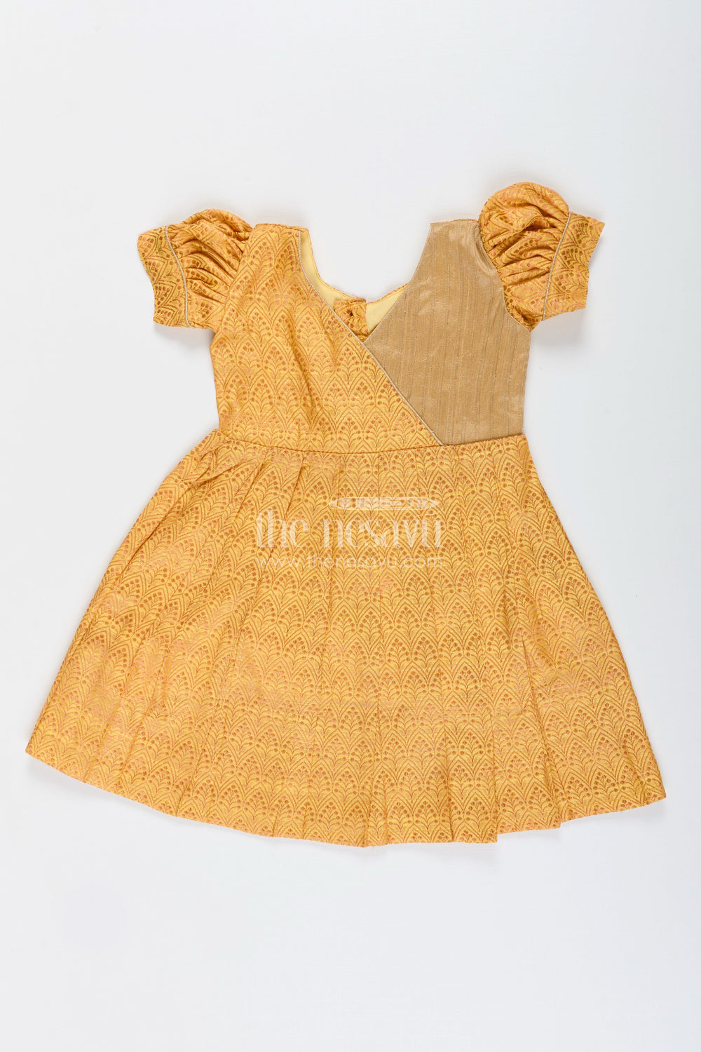 The Nesavu Silk Frock Semi Banarasi Frock for Toddler Girls for School Ethnic Day and Functions Nesavu 18 (2Y) / Yellow SF1058A-18 Nesavu semi banarasi silk frock toddler girls  perfect school ethnic day pujas