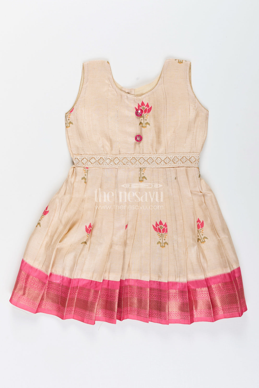 The Nesavu Silk Frock Semi banarasi silk frock for baby girls with zari border – ideal for traditional wear Nesavu 18 (2Y) / Cream SF1063A-18 Semi banarasi silk frock baby girls zari border  ideal functions festivals