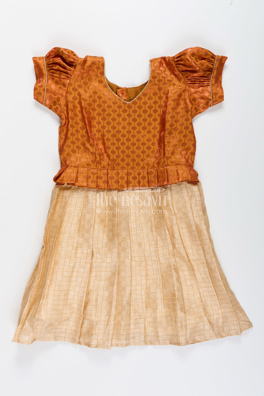 The Nesavu Silk Frock Semi Banarasi Silk Frock for Toddler Girls with Flared Tissue Bottom Nesavu 20 (3Y) / Brown SF1062A-20 Nesavu semi Banarasi silk frock toddler girls tissue flare festive occasions