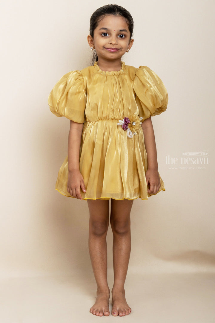 The Nesavu Girls Fancy Party Frock Semi Crushed Rayon Party Wear Gown With Inner Cotton Lining For Girls Nesavu 14 (6M) / Gold PF53D-14 Party Wear Frocks Ideas | Semi Crush Designer Wear Online | The Nesavu