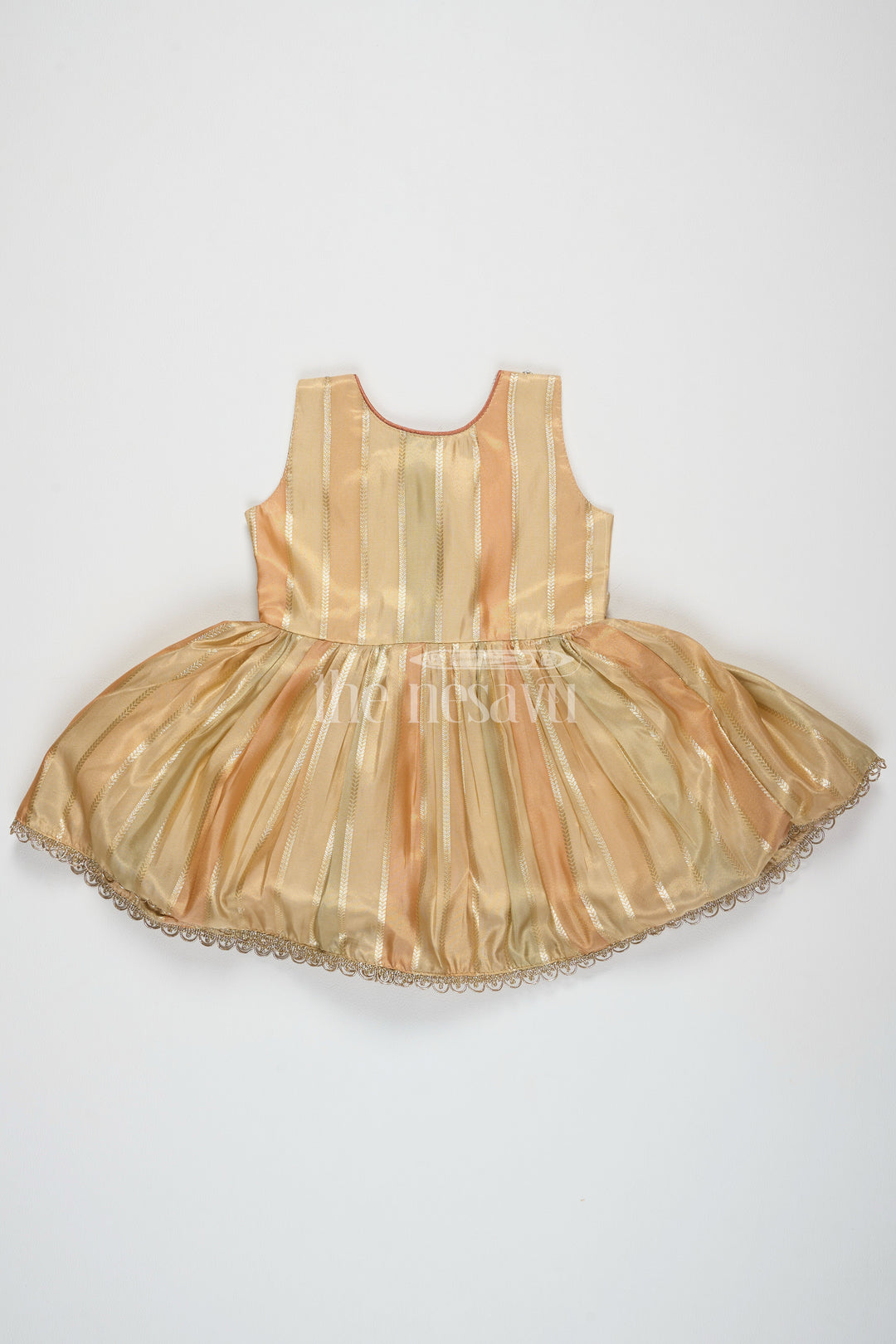 The Nesavu Silk Party Frock Semi Organza Tissue Embellished Gold Party Frock for Girls – Luxurious Festive Attire Nesavu Girls Semi Organza Tissue Party Frock Gold Bolero Jacket Luxurious Festive Attire Nesavu