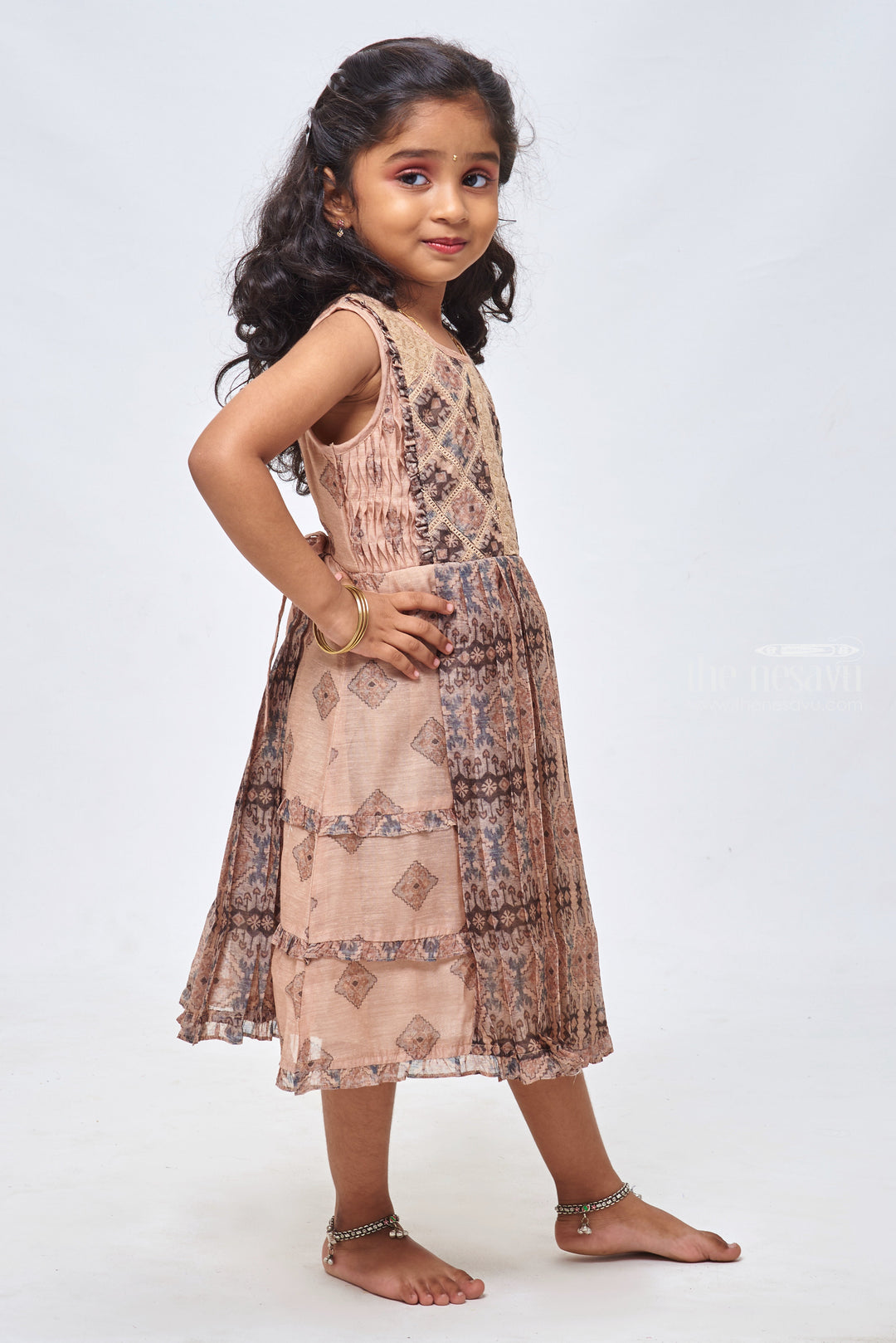 The Nesavu Girls Cotton Frock Sequin Embellished Beige Charm: Girls Cotton Frock Nesavu Cotton Frock 1 Year Baby | Cotton Daily Wear Frocks | the Nesavu