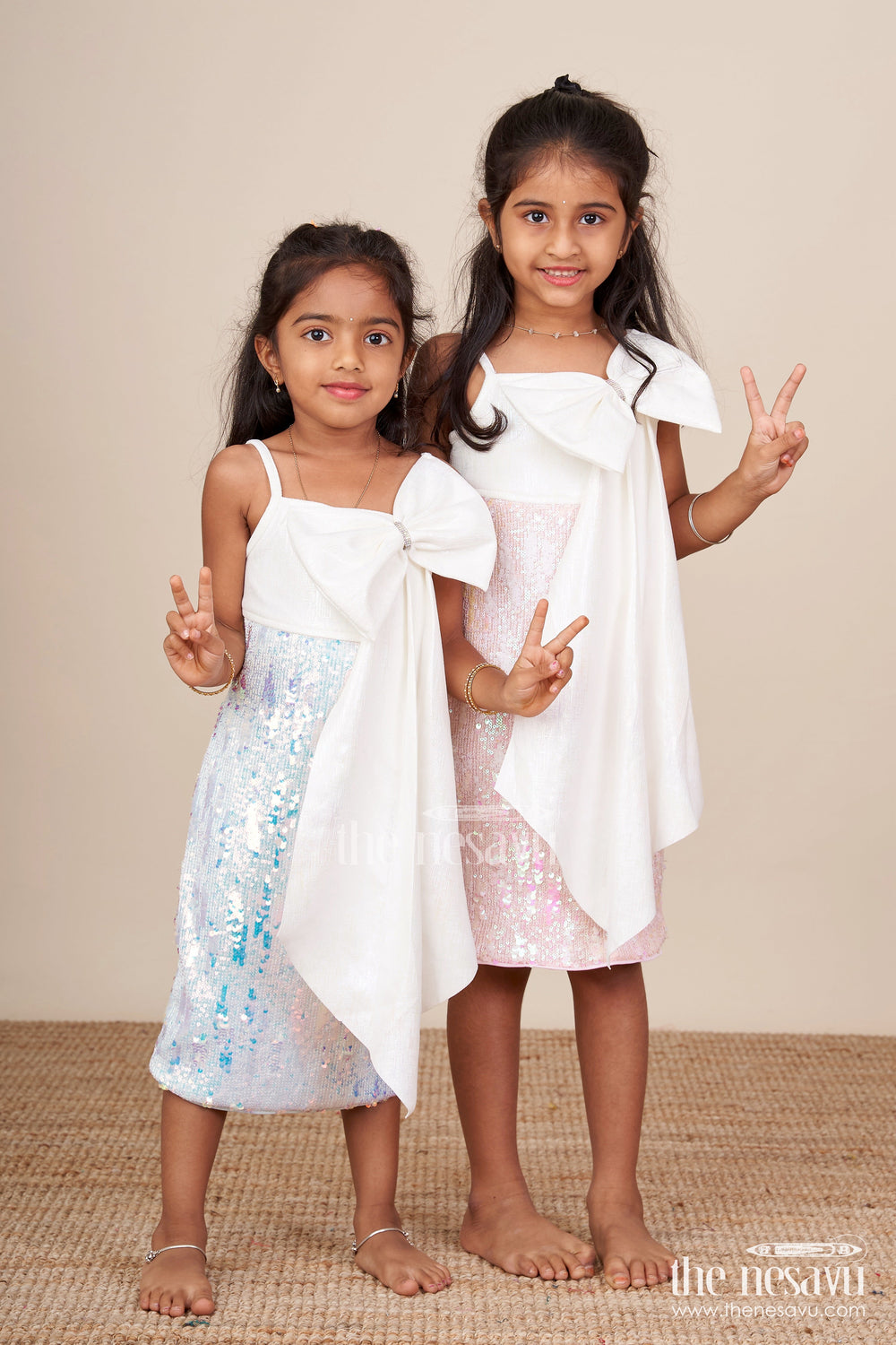 The Nesavu Girls Fancy Party Frock Sequin Party Dress for Baby Girl with Matching Bow and Bag Ideal Birthday Outfit Nesavu Nesavu sequin frock baby girls bow bag  perfect party wear birthdays