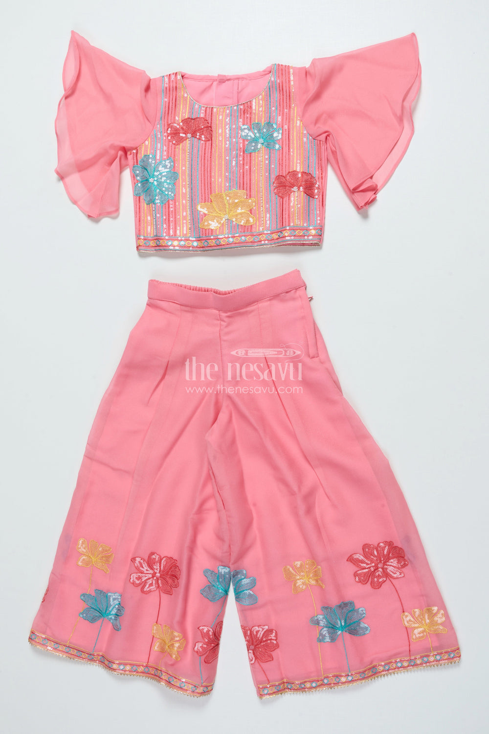 The Nesavu Girls Sharara / Plazo Set Sequinned Georgette Sharara Set for Girls with Dupatta Perfect for Weddings and Cultural Events Nesavu 22 (4Y) / Peach GPS696B-22 Nesavu girls georgette sharara set sequin embroidery dupatta festive ethnic wear