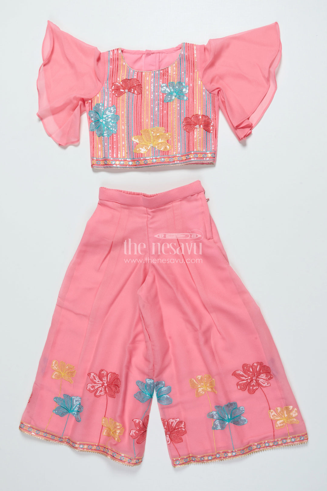 The Nesavu Girls Sharara / Plazo Set Sequinned Georgette Sharara Set for Girls with Dupatta Perfect for Weddings and Cultural Events Nesavu 22 (4Y) / Peach GPS696B-22 Nesavu girls georgette sharara set sequin embroidery dupatta festive ethnic wear