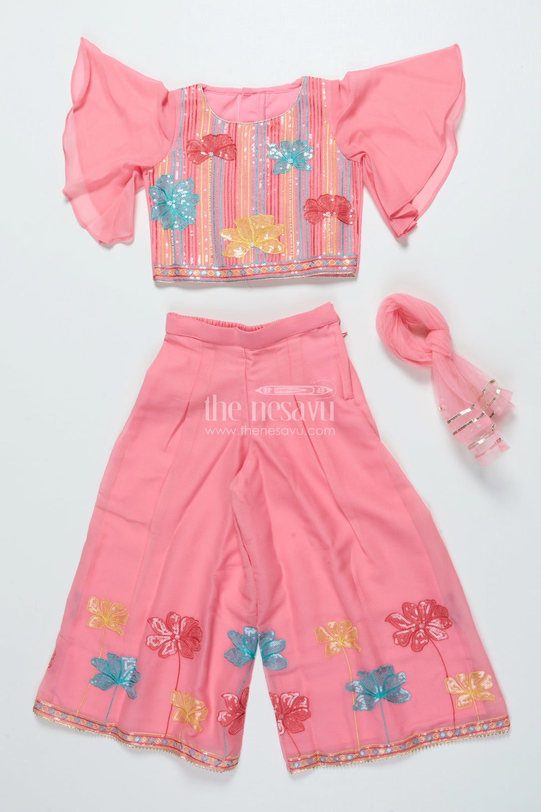 The Nesavu Girls Sharara / Plazo Set Sequinned Georgette Sharara Set for Girls with Dupatta Perfect for Weddings and Cultural Events Nesavu Nesavu girls georgette sharara set sequin embroidery dupatta festive ethnic wear