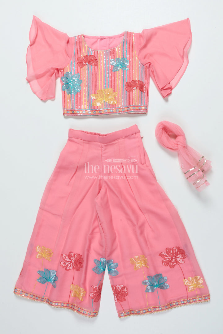 The Nesavu Girls Sharara / Plazo Set Sequinned Georgette Sharara Set for Girls with Dupatta Perfect for Weddings and Cultural Events Nesavu Nesavu girls georgette sharara set sequin embroidery dupatta festive ethnic wear