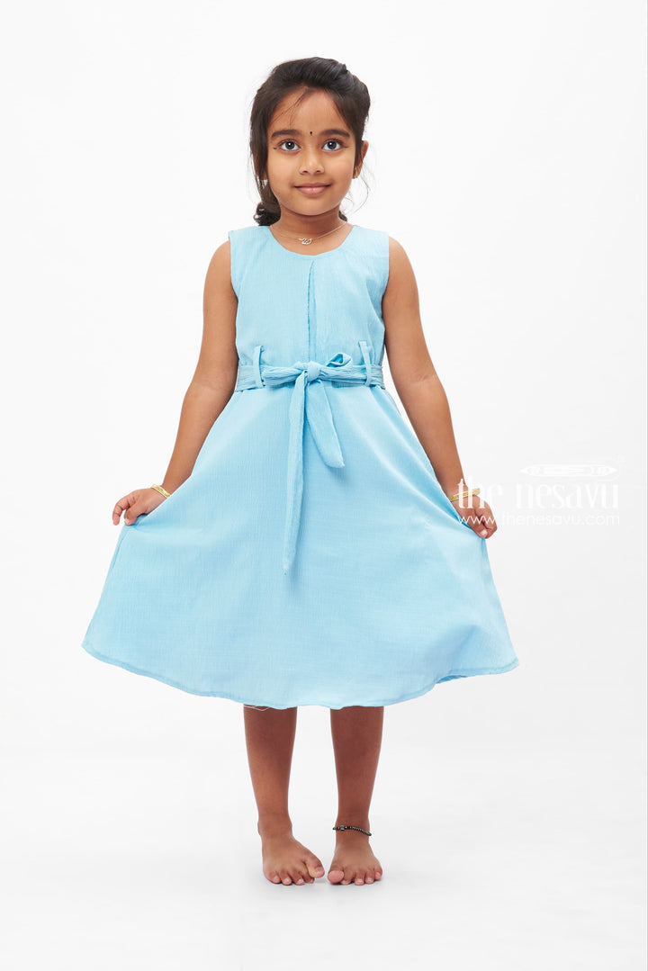 The Nesavu Girls Fancy Frock Serene Sky Blue Cotton Dress: Graceful Bow Accent for Girls Nesavu Girls' Sky Blue Sleeveless Cotton Dress | Light Summer Style for Kids | The Nesavu