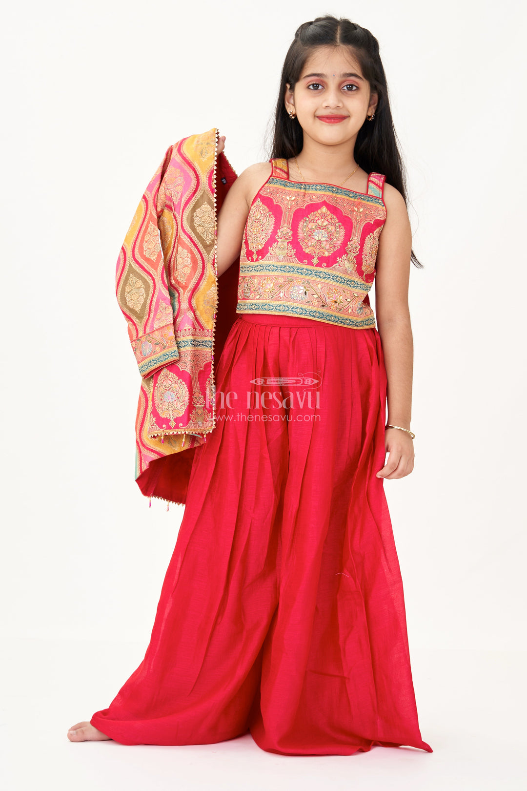 The Nesavu Girls Sharara / Plazo Set Sharara Designer Set in Pure Viscose Silk with Printed Jacket and Red Flared Pants Nesavu 28 (7Y) / Pink GPS577B-28 Sharara Designer Set Girls Red Viscose Silk Digital Print Jacket Flared Pants | The Nesavu