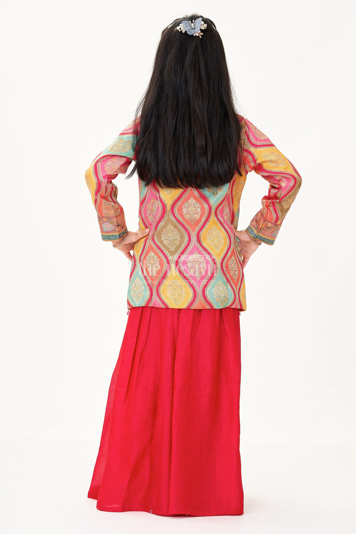 The Nesavu Girls Sharara / Plazo Set Sharara Designer Set in Pure Viscose Silk with Printed Jacket and Red Flared Pants Nesavu Sharara Designer Set Girls Red Viscose Silk Digital Print Jacket Flared Pants | The Nesavu