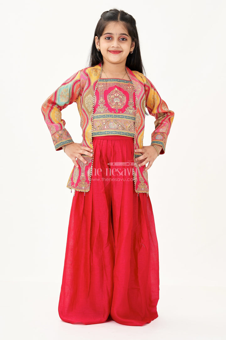The Nesavu Girls Sharara / Plazo Set Sharara Designer Set in Pure Viscose Silk with Printed Jacket and Red Flared Pants Nesavu Sharara Designer Set Girls Red Viscose Silk Digital Print Jacket Flared Pants | The Nesavu