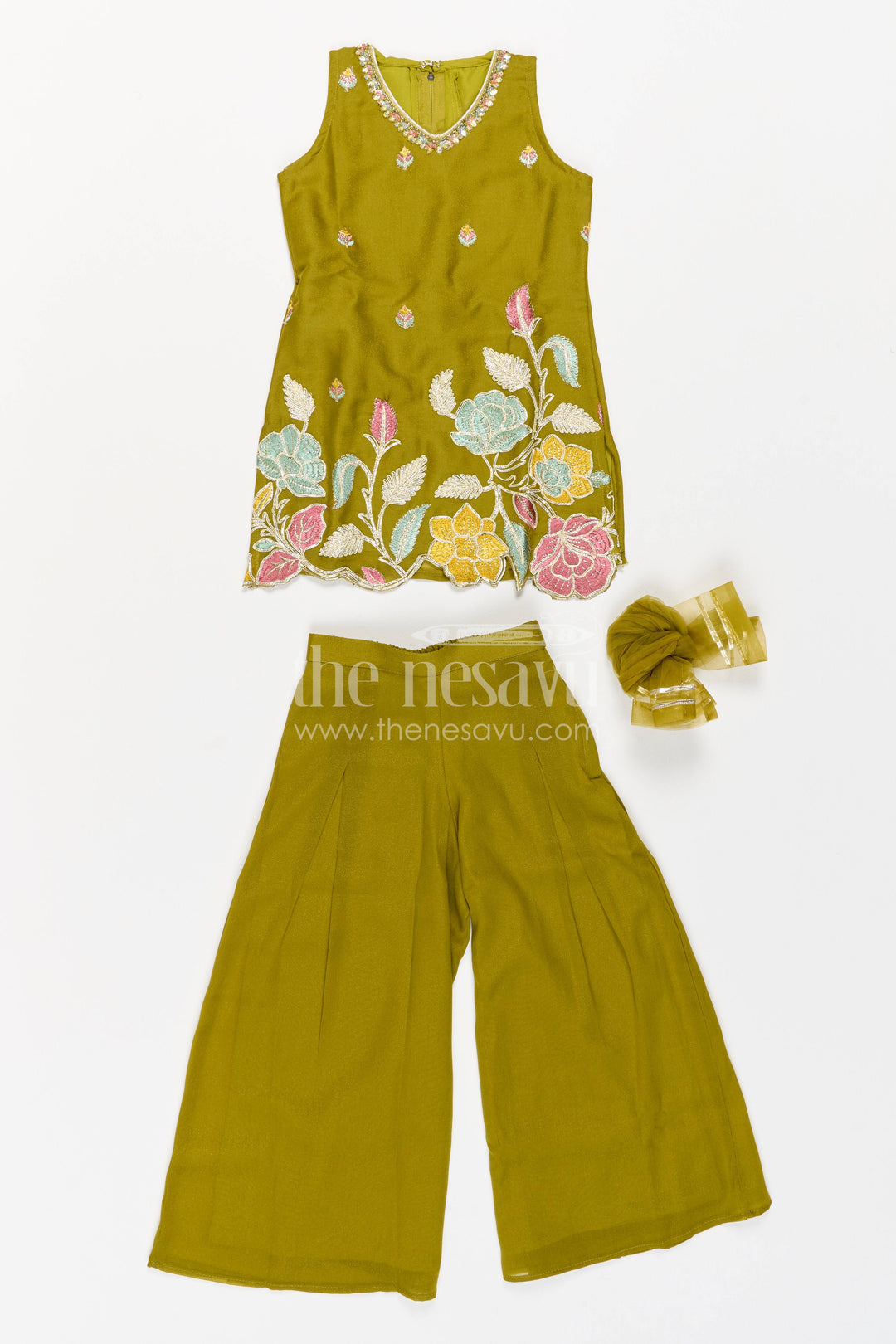The Nesavu Girls Sharara / Plazo Set Sharara Dress for Girls in Green for Traditional Events Nesavu 22 (4Y) / Green / Modal Chanderi GPS1010B-22 Nesavu Sharara Dress For Girls For Festive Occasion Dressing GPS1010B-22
