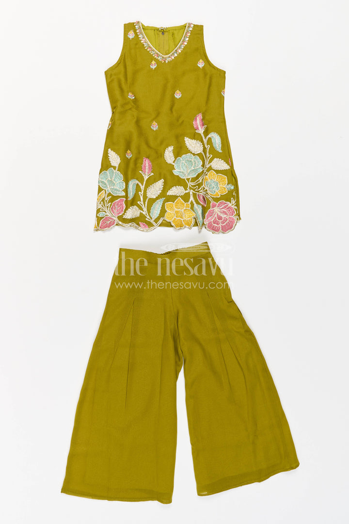 The Nesavu Girls Sharara / Plazo Set Sharara Dress for Girls in Green for Traditional Events Nesavu Nesavu Sharara Dress For Girls For Festive Occasion Dressing