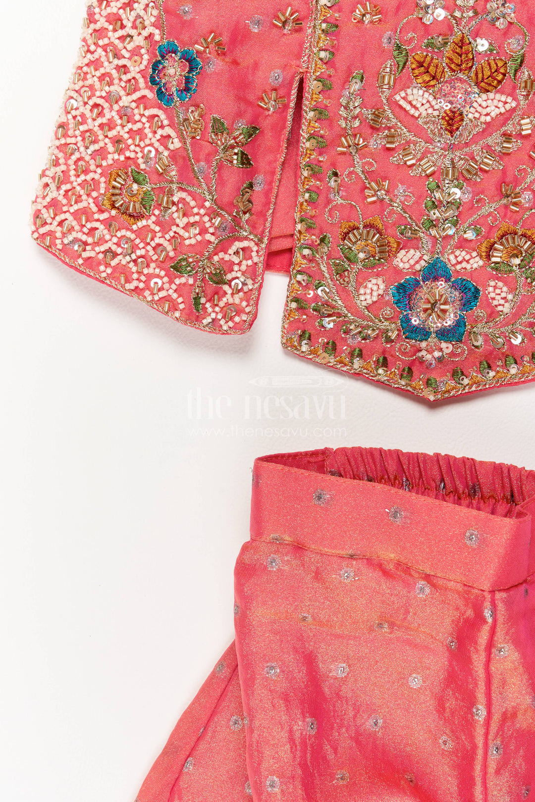The Nesavu Girls Sharara / Plazo Set Sharara Dress for Girls in Peach with an Occasion Ready Finish Nesavu Nesavu Sharara Dress For Girls In Peach For Celebrations