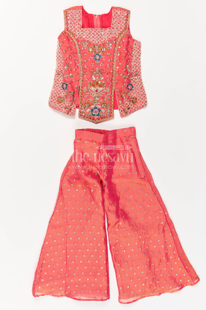 The Nesavu Girls Sharara / Plazo Set Sharara Dress for Girls in Peach with an Occasion Ready Finish Nesavu Nesavu Sharara Dress For Girls In Peach For Celebrations