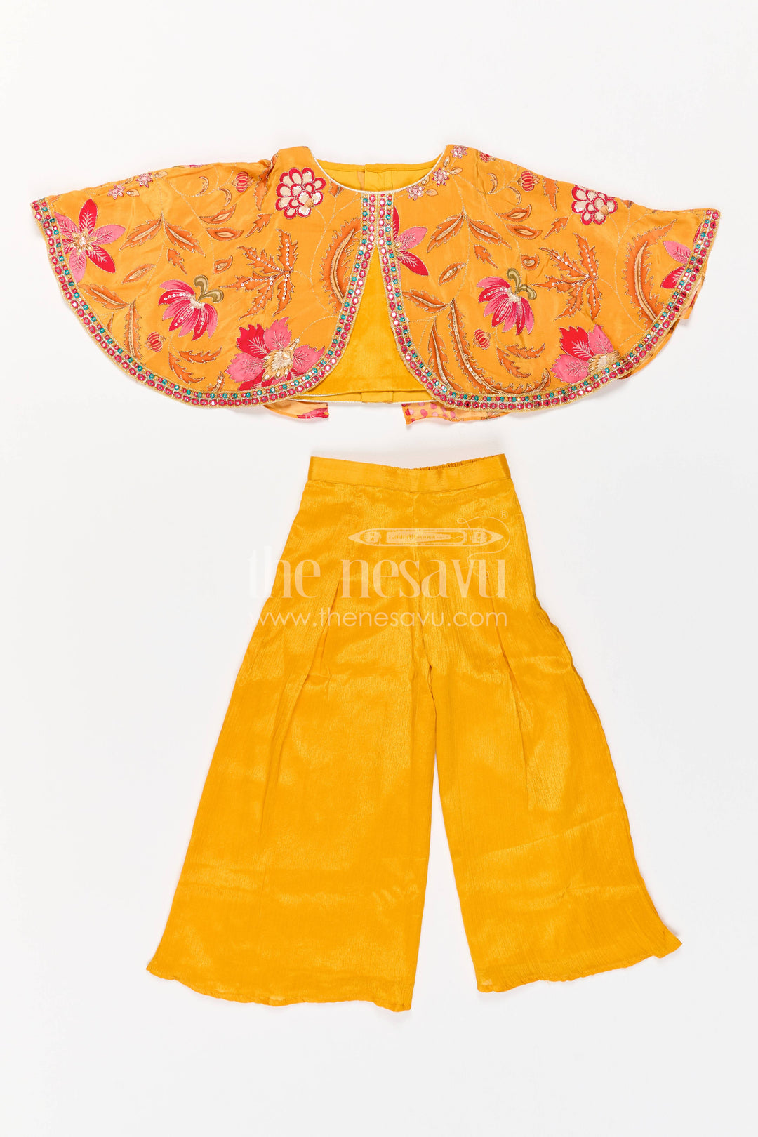 The Nesavu Girls Sharara / Plazo Set Sharara Dress for Girls with Sequin Work for Festive Occasions Nesavu 22 (4Y) / Yellow / Viscose Chinon GPS1077A-22 Nesavu Sharara Dress For Girls In Yellow For Family Celebrations GPS1077A-22