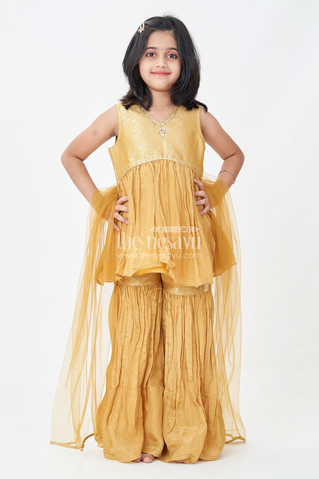 The Nesavu Girls Sharara / Plazo Set Sharara Outfit for Girls in Mustard Organza with Embroidered Sleeveless Top and Ruffled Pants Nesavu 16 (1Y) / Yellow GPS620B-16 Sharara Outfit Girls Mustard Organza Ruffled Pants Embroidered Top | The Nesavu