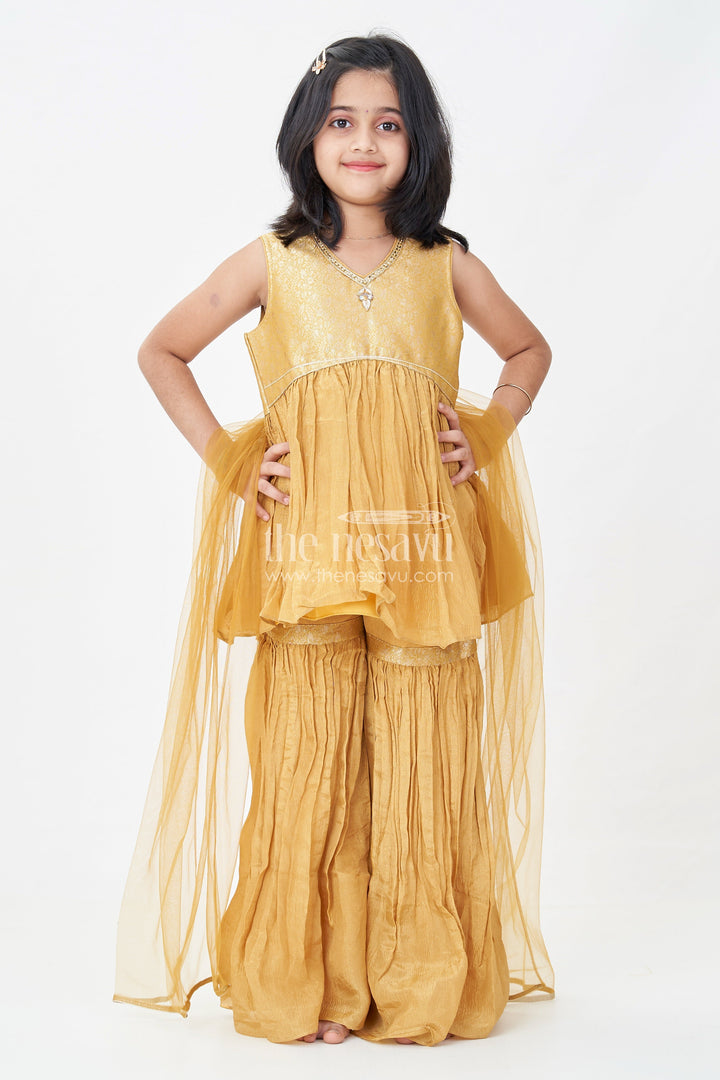 The Nesavu Girls Sharara / Plazo Set Sharara Outfit for Girls in Mustard Organza with Embroidered Sleeveless Top and Ruffled Pants Nesavu 16 (1Y) / Yellow GPS620B-16 Sharara Outfit Girls Mustard Organza Ruffled Pants Embroidered Top | The Nesavu