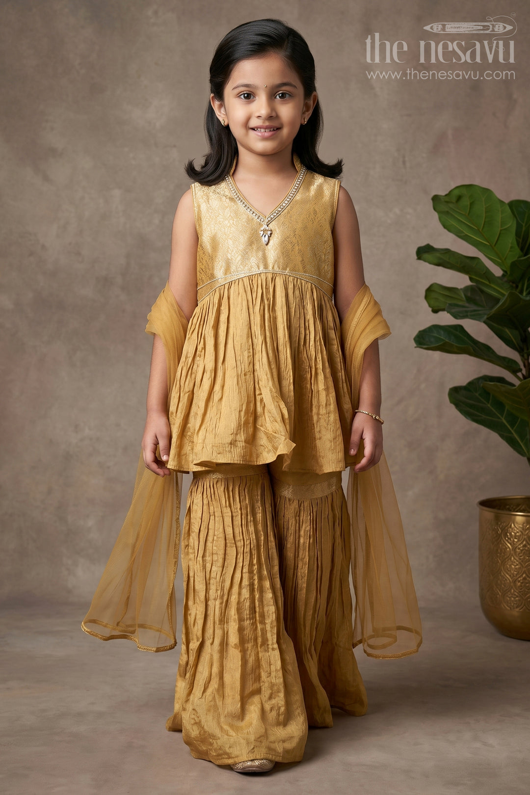 The Nesavu Girls Sharara / Plazo Set Sharara Outfit for Girls in Mustard Organza with Embroidered Sleeveless Top and Ruffled Pants Nesavu 16 (1Y) / Yellow GPS620B-16 Sharara Outfit Girls Mustard Organza Ruffled Pants Embroidered Top | The Nesavu