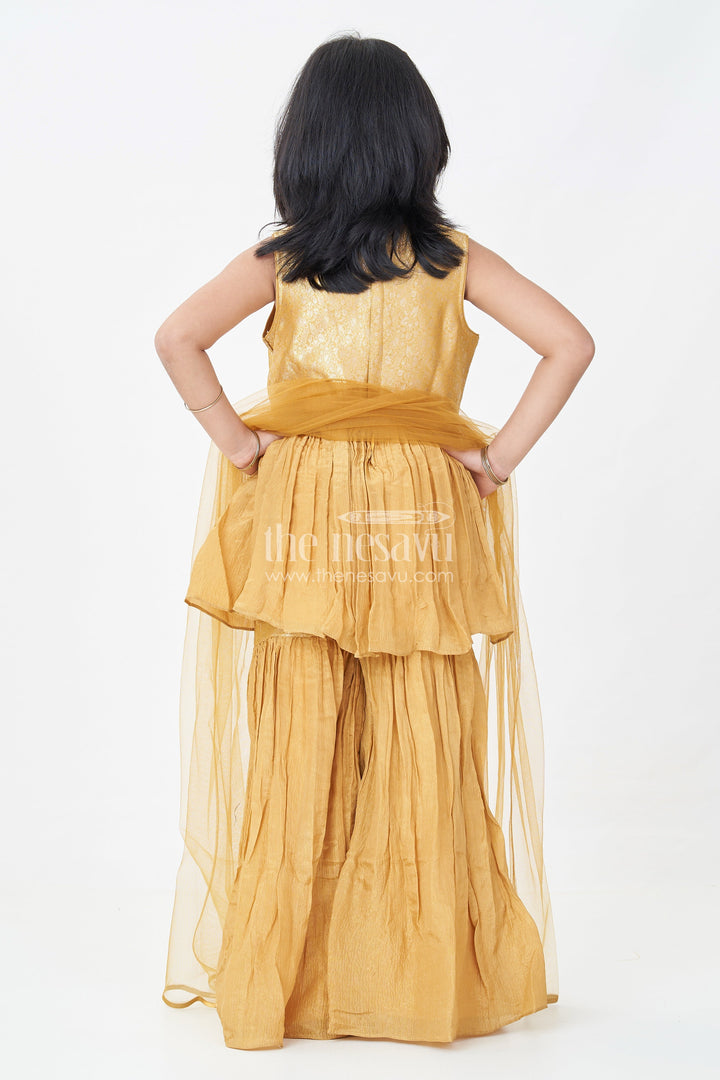 The Nesavu Girls Sharara / Plazo Set Sharara Outfit for Girls in Mustard Organza with Embroidered Sleeveless Top and Ruffled Pants Nesavu Sharara Outfit Girls Mustard Organza Ruffled Pants Embroidered Top | The Nesavu