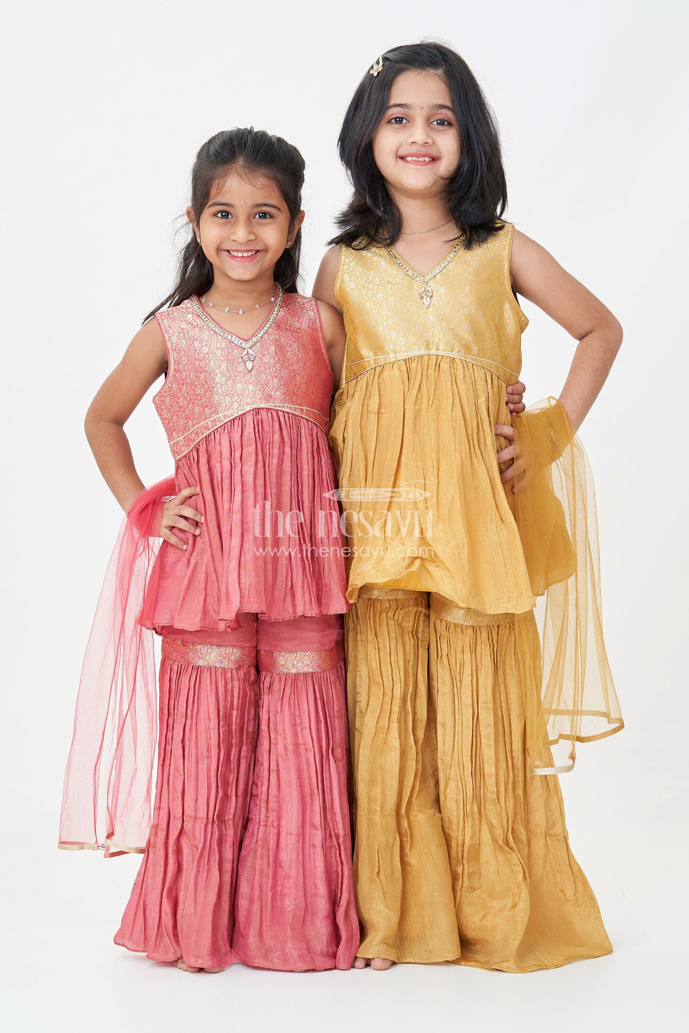The Nesavu Girls Sharara / Plazo Set Sharara Outfit for Girls in Mustard Organza with Embroidered Sleeveless Top and Ruffled Pants Nesavu Sharara Outfit Girls Mustard Organza Ruffled Pants Embroidered Top | The Nesavu