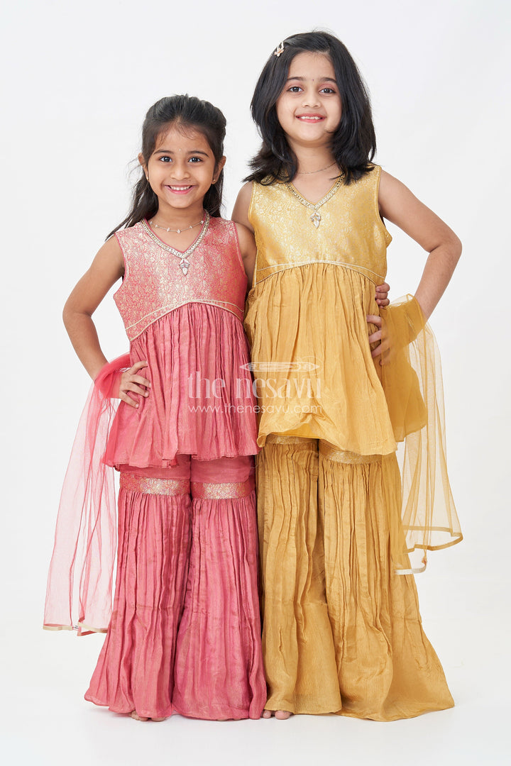The Nesavu Girls Sharara / Plazo Set Sharara Outfit for Girls in Mustard Organza with Embroidered Sleeveless Top and Ruffled Pants Nesavu Sharara Outfit Girls Mustard Organza Ruffled Pants Embroidered Top | The Nesavu