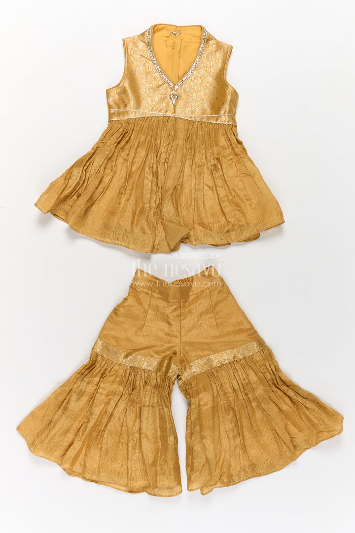 The Nesavu Girls Sharara / Plazo Set Sharara Outfit for Girls in Mustard Organza with Embroidered Sleeveless Top and Ruffled Pants Nesavu Sharara Outfit Girls Mustard Organza Ruffled Pants Embroidered Top | The Nesavu