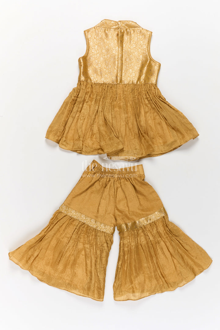 The Nesavu Girls Sharara / Plazo Set Sharara Outfit for Girls in Mustard Organza with Embroidered Sleeveless Top and Ruffled Pants Nesavu Sharara Outfit Girls Mustard Organza Ruffled Pants Embroidered Top | The Nesavu