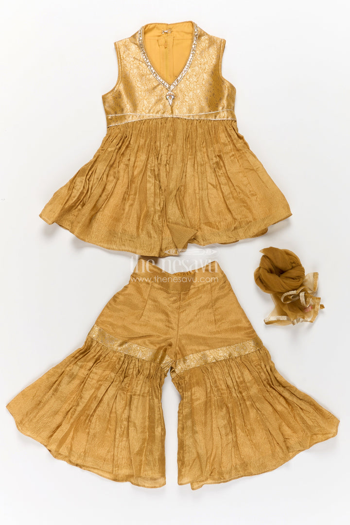 The Nesavu Girls Sharara / Plazo Set Sharara Outfit for Girls in Mustard Organza with Embroidered Sleeveless Top and Ruffled Pants Nesavu Sharara Outfit Girls Mustard Organza Ruffled Pants Embroidered Top | The Nesavu