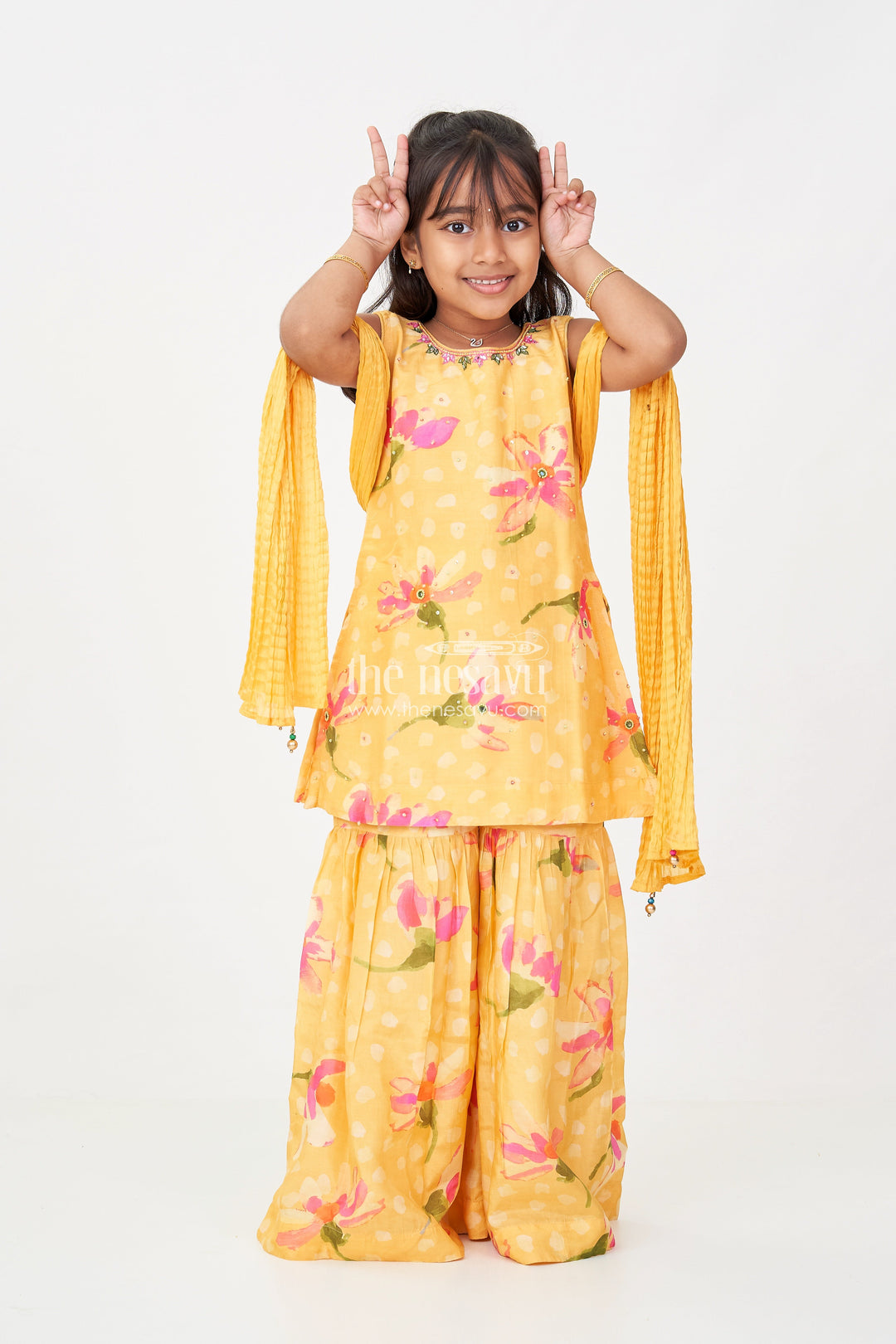 The Nesavu Girls Sharara / Plazo Set Sharara Outfits for Girls in Viscose Silk with Yellow Floral Print and Matching Dupatta Nesavu 16 (1Y) / Yellow GPS591A-16 Sharara Outfits for Girls in Yellow Floral Digital Print with Viscose Silk and Dupatta | The Nesavu