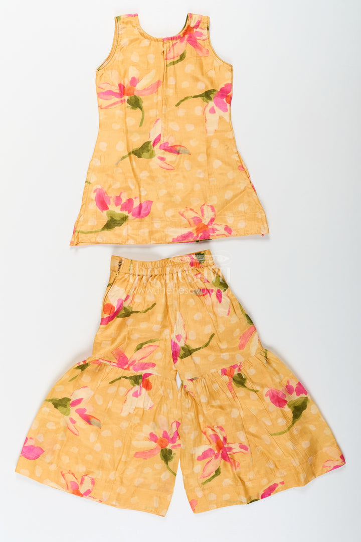 The Nesavu Girls Sharara / Plazo Set Sharara Outfits for Girls in Viscose Silk with Yellow Floral Print and Matching Dupatta Nesavu Sharara Outfits for Girls in Yellow Floral Digital Print with Viscose Silk and Dupatta | The Nesavu