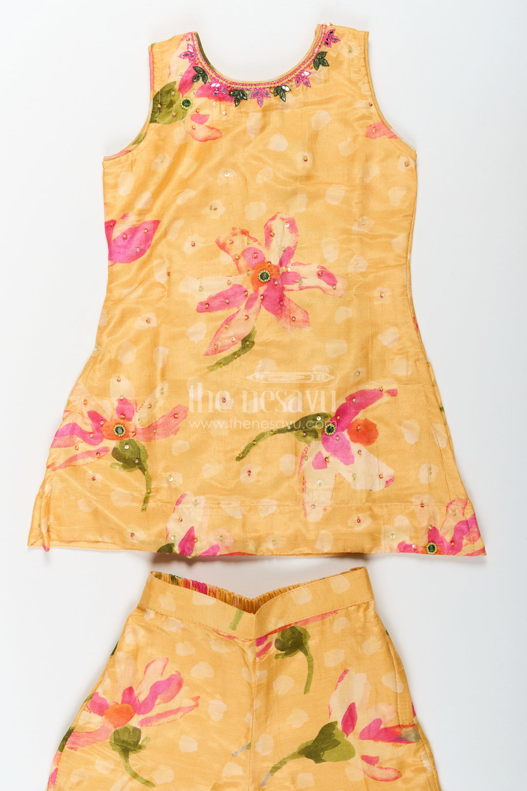 The Nesavu Girls Sharara / Plazo Set Sharara Outfits for Girls in Viscose Silk with Yellow Floral Print and Matching Dupatta Nesavu Sharara Outfits for Girls in Yellow Floral Digital Print with Viscose Silk and Dupatta | The Nesavu
