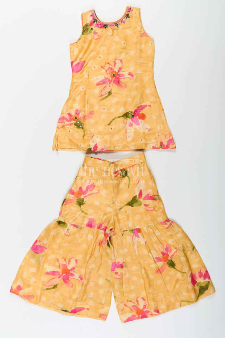The Nesavu Girls Sharara / Plazo Set Sharara Outfits for Girls in Viscose Silk with Yellow Floral Print and Matching Dupatta Nesavu Sharara Outfits for Girls in Yellow Floral Digital Print with Viscose Silk and Dupatta | The Nesavu
