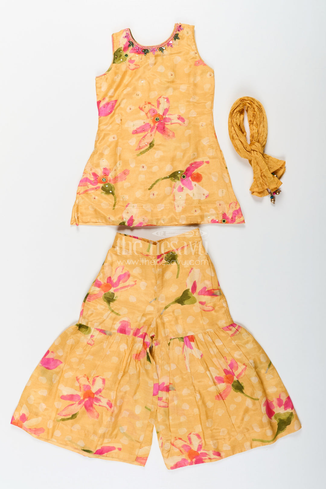 The Nesavu Girls Sharara / Plazo Set Sharara Outfits for Girls in Viscose Silk with Yellow Floral Print and Matching Dupatta Nesavu Sharara Outfits for Girls in Yellow Floral Digital Print with Viscose Silk and Dupatta | The Nesavu